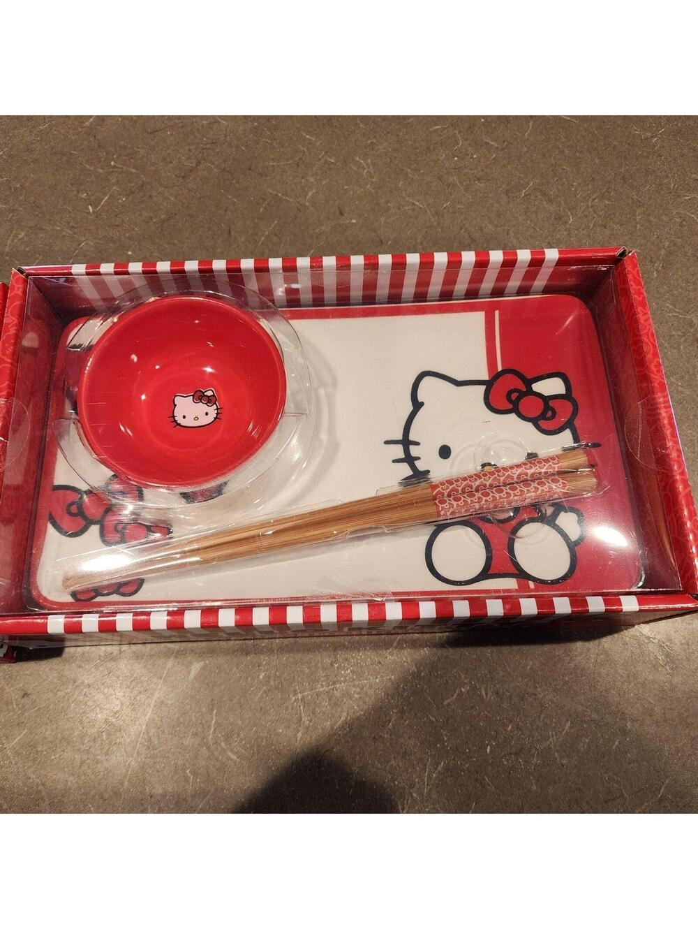 NEW 2 Sets Sanrio Hello Kitty Ceramic Sushi Plates Bowls Chopsticks 6pc